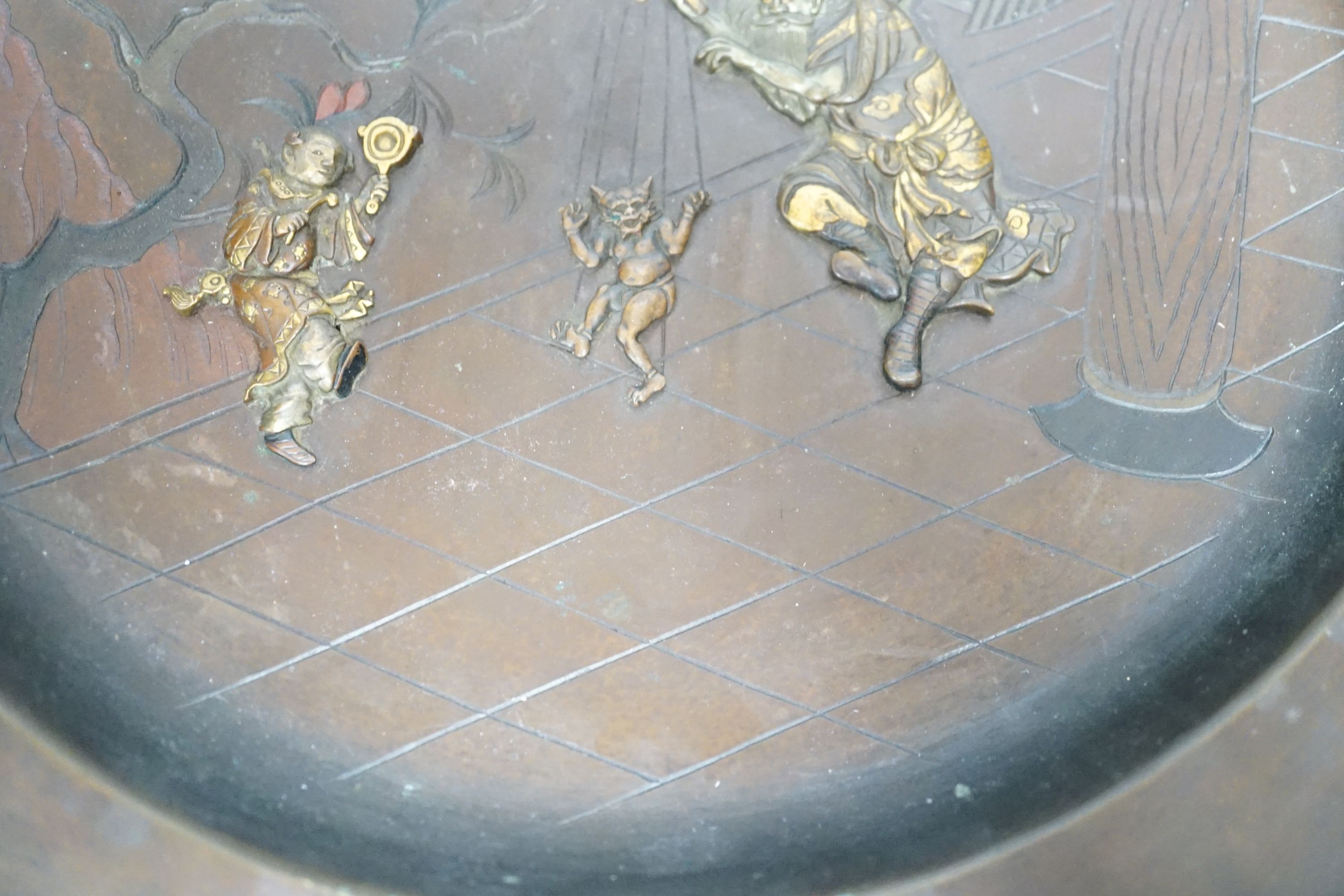 A Japanese inlaid bronze dish - 30cm diameter